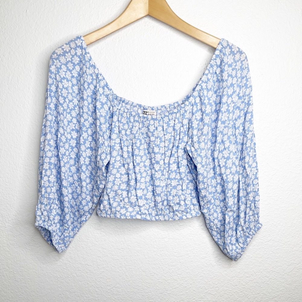 Billabong Blue Floral Balloon Sleeve Crop Top Square Neck Small Boho Coastal